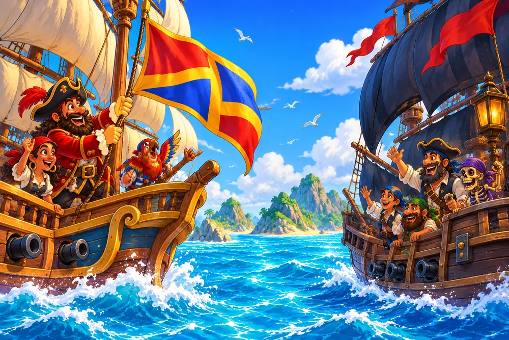 Two pirate ships signal each other across the water