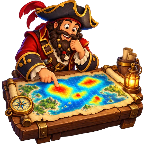 A pirate captain studying a glowing heatmap of the sea
