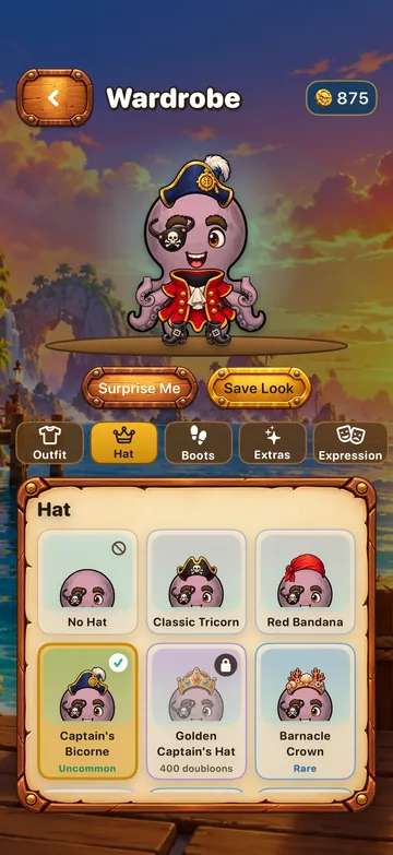 An octopus captain trying on hats in the wardrobe